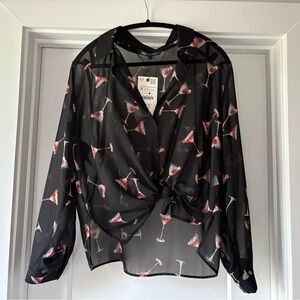 NWT Zara Chic Black Sheer Women Top with Cocktail Print sized XL.